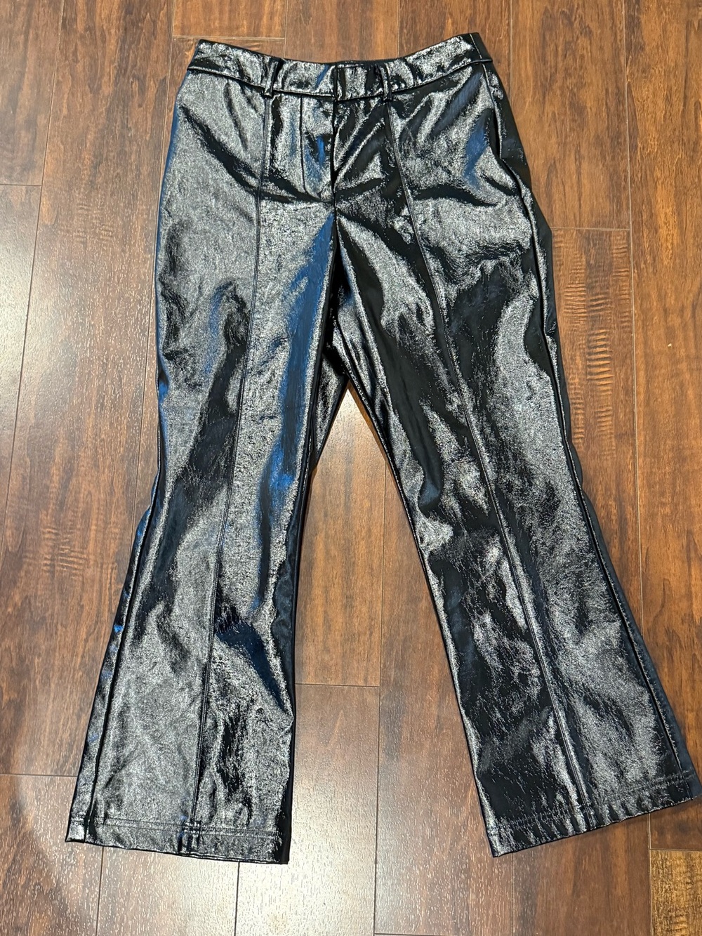 NWT 7 For All Mankind Black Pleather Metallic Shine Straight-Leg Pants S